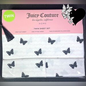 Juicy Couture 4-pc Twin Sheet Set White Pink Logos w/ Black Butterflies NEW NIP